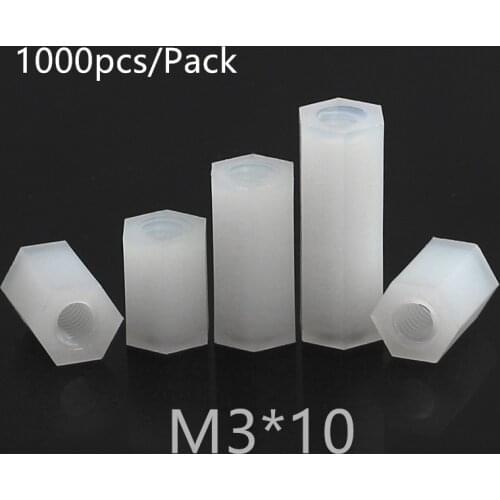 1000pcs M3*10 M3x10 Nylon Standoff Spacer PCB Female Column Flat Head Double Pass Nylon Plastic Thread Screws Hex Long Nuts