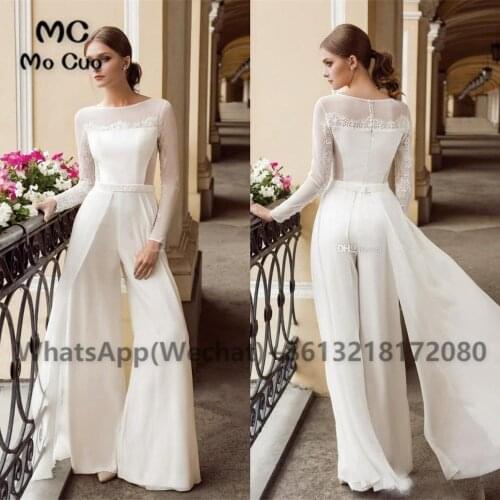 2021 Bohemian Jumpsuit Lace Wedding Dresses Jewel Neck Long Sleeves Beach Bridal Gowns Floor Length Chiffon Boho vestido de novi