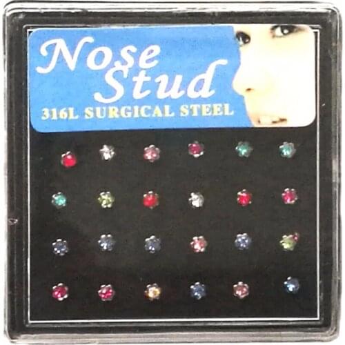 24pcs/lot Colorful Flower Rhinestone Nose Ring for Women 2mm Crystal Piercing Nose Stud Pin Silver Elegant Body Piercing Jewelry