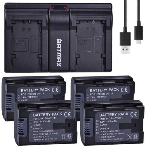 4Pcs 1400MaH BN VG114 VG121 Battery + Dual USB Charger for JVC Everio GZ-E Series, BN-VG12 BN-VG138 BN-VG107 Camera Batteries