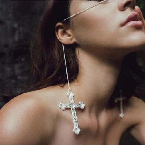 2021 Long Metal Big Cross Pendant Face Chain Hanging Ear Jewelry for Girl Crystal Rhinestone Tassel Head Chains Face Accessories