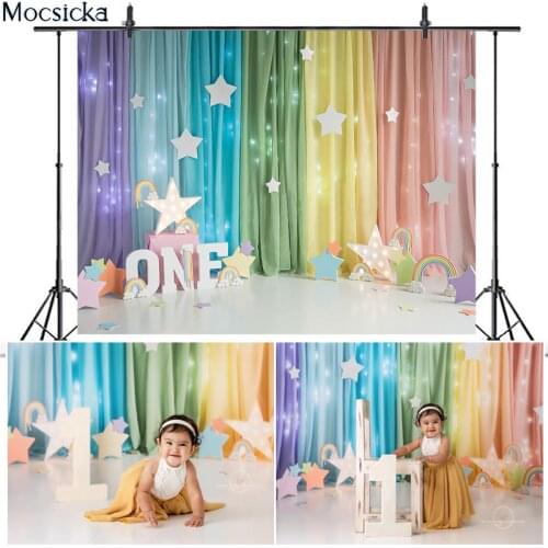 MOCSICKA Rainbow Curtain 1st Birthday Photography Backdrops Stars Bokeh Newborn Baby Kids Decoration Photography Background