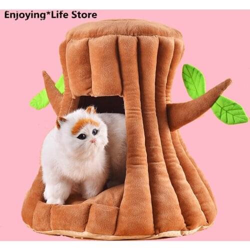 Tree Hole Pet Dog Cat Bed House Cute Tree Hole Pet Cave Bed Pet Nest Sleeping Bag with Removable Cushion Mat