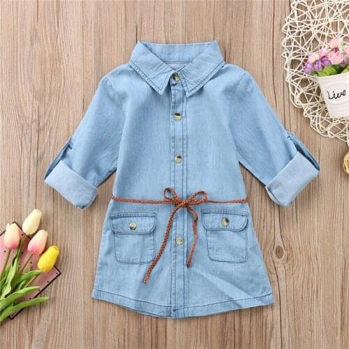 Pudcoco Denim Dress For Girl Toddler Princess Long Sleeve Dress Kids Baby Party Wedding Pageant Denim Dresses 2-7T