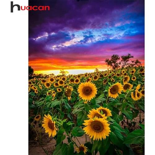 Huacan Full Square/round Diamond Painting Sunset Sunflower Room Decor Diamond Embroidery Mosaic Floral Scenery Diamond Art