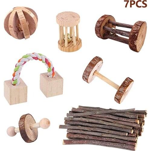 Hamster Chew Toys, 7 Pack Natural Wooden Pine Guinea Pigs Rats Chinchillas Toys Accessories Dumbells Exercise Bell Roller Tee