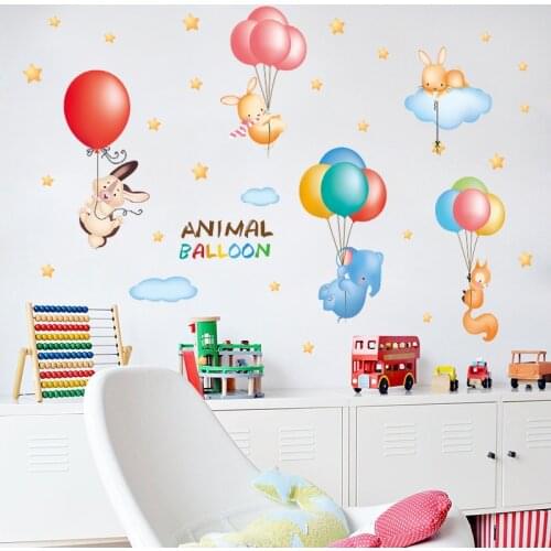 Cartoon diy super cute balloon rabbit wall sticker for kids room birds cloud decor furniture wardrobe bedroom living room decal