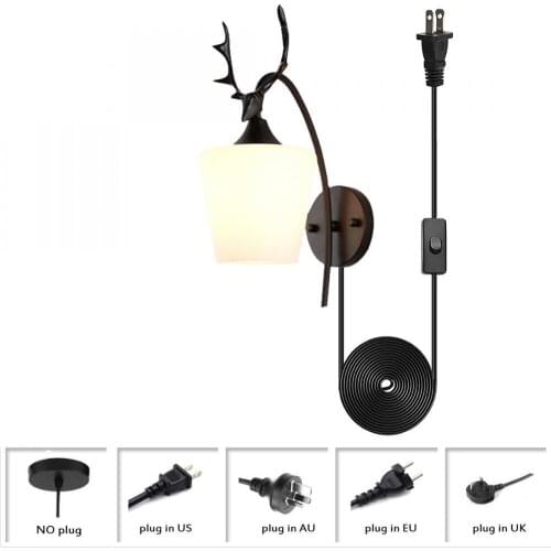 Plug In Wall Lamp Living Room Hotel Children Bedroom Creative Decor Black Iron Deer Antler Wall Light with Glass Lampshade