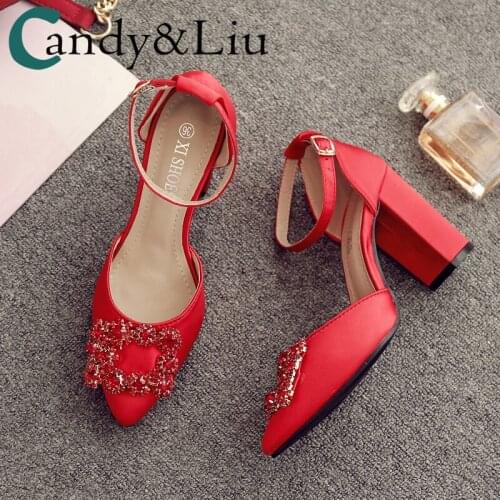 2020 New Crystal Square Buckle High Heel Chunky Heel Wedding Shoes Womens Red Xiuhe Shoes Chinese Bride Shoes