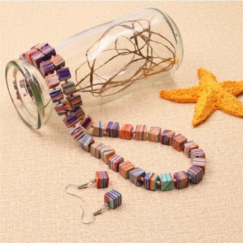 New 8mm Square Shape Pink Malachite Turquois Synthesis Beads Fashion Jewelry Set Necklace Earrings Free Shipping 18inch Y558