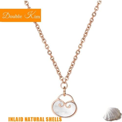 Chinese Peace Lock Pendant Necklace Stainless Steel Chain Necklace Inlaid Shells Natural Fashion Jewelry Birthday Romantic Gift