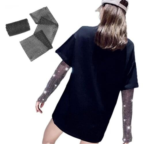 Women Full Glitter Rhinestone Arm Warmer Sleeves Summer Sunscreen Nightclub Hollow Plaid Mesh Fishnet Fingerless Gloves