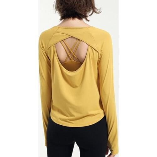 Sexy Back Open Sport Tops Yoga Workout Long Sleeve Shirts Women Loose Quick Dry Fitness Athletic Gym Shirts With Thumb Hole