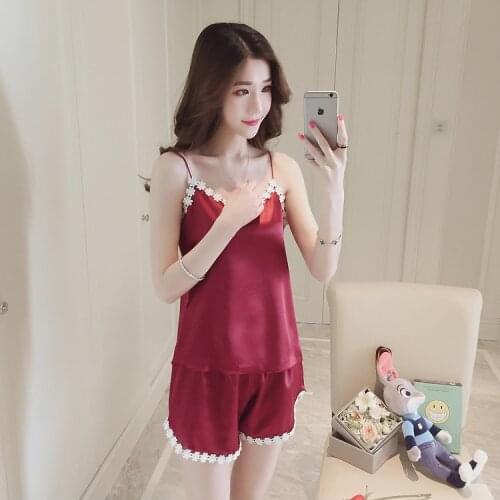 Pajamas Womens Summer Increase Silk Like Vest Sling Ice Silk Korean Two Piece Set of Sexy Shorts Set of Home Clothes