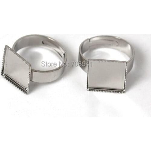Blank Ring Settings with Square Bezel tray Resin Cameo Cabochon Bases Adjustable Rings Settings Findings Rhodium tone Plated