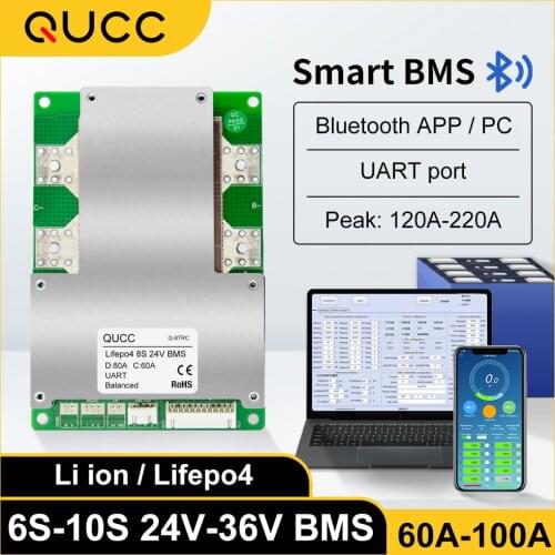 Qucc Smart BMS 10S 36V 8S 7S 6S 100A 80A 60A Li ion Battery Lifepo4 24V UART Bluetooth bms with Balance Temperature Protection