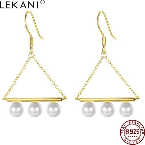 LEKANI Pearl Jewelry 925 Earrings Women Silver For Gifts Earrings Round Clear Simple Pearl Earrings Triangle Sterling Drop