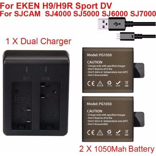 2x1050Mah Action Camera Replacement Battery For EKEN H9 H9R H3 H3R H8R H8 pro SJCAM SJ4000 SJ5000 Sport DV battery +Dual Charger