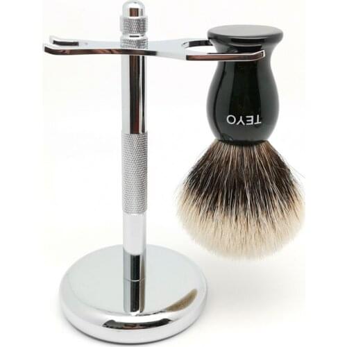 TEYO Two Band Silvertip Finest Badger Hair Shaving Brush and Shaving Stand Set Perfect for Wet Shave Soap Razor Beard Brush