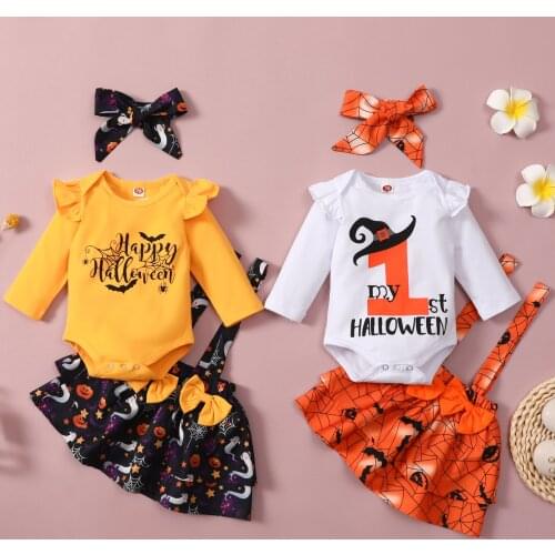Lioraitiin 0-12M Newborn Baby Girl My First Halloween Romper Strap Skirt Bow Hairband Spider Print Elastic Waist Skirt 2Styles