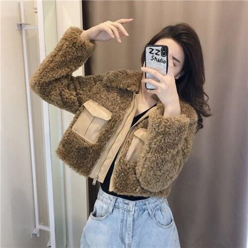 Womens Autumn Jackets High Waist Short Paragraph Faux Fur Jackets Woman 2020 Retro Female Imitation Lamb Wool Fur Coats Ladies