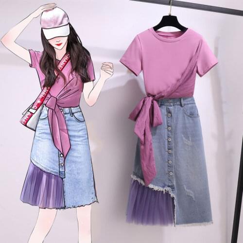 Womens Suit Skirt Summer 2 piece outfits for women Bow T-shirt T-topper + Female Jeans Mesh Stitching Skirt Lady Two-Piece Sets