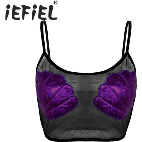 IEFiEL Newest Fashion Women Spaghetti Straps Sheer Mesh Mermaid Sea Shell Vest Crop Tank Top Party Clubwear Nightwear Crop Top