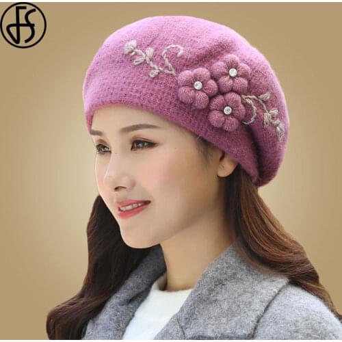 FS Angora Beret Women Winter Hat Knit Warm Double Layers Snow Casual Outdoor Skiing Accessory Cap Headwear