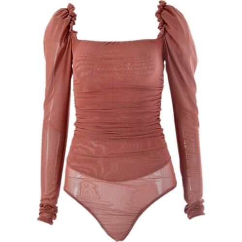 Womens Mesh Sheer Bodysuit, Sexy Square Neck Long Puff Sleeve Skinny One P Leotard Tops