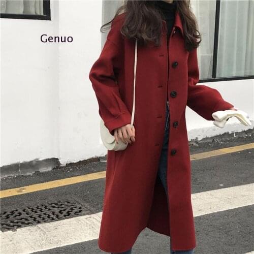 Women Woolen Coat Autumn Winter Outerwear New Fashion Single-Breasted Jackets Long Large Size Black Red Coats Female