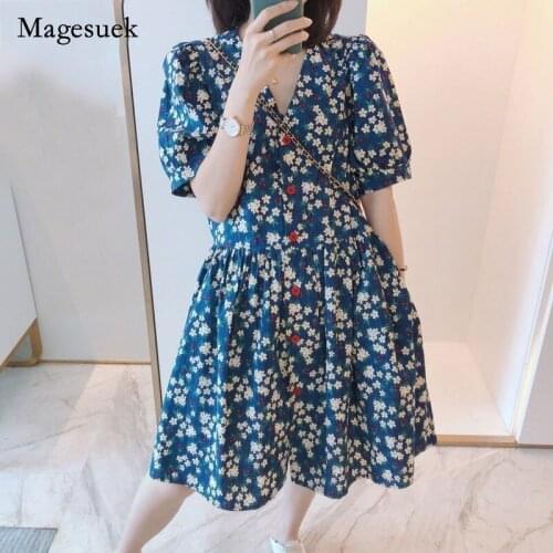 French Style Short Sleeve Vintage Floral Dress Women Single Breasted Print Dress Loose High Waist V-neck A-line Dresses 14501