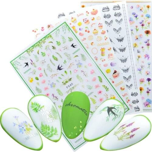 2021 Spring Green Leaf Swallow Nail Sticker Art Flower Decals Back Glue Love Sticker for Manicure Color Design Sticker for Nails