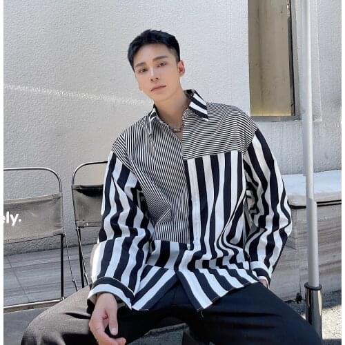 2021 Autumn Korean style Personality Thick thin stripes shirts men casual loose Splicing stripes shirts for men,size M-XL