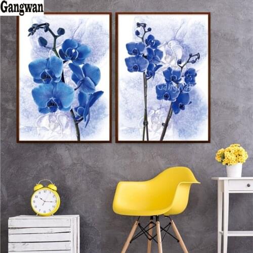 5D round square diamond embroidery blue orchid pattern Diy full sets diamond painting mosaic 2 pcs flower pictures rhinestones