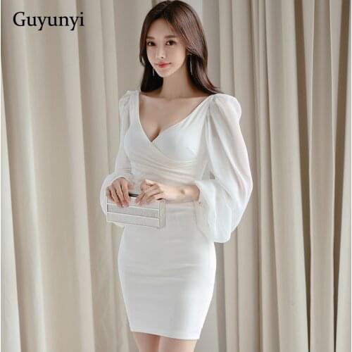 White Elegant Office Dress 2021 Spring High Waist Skinny Small Sexy V-Neck Chiffon Bubble Sleeve Mini Party Dress Women