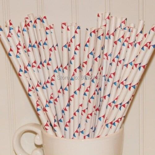 100pcs Mixed Colors Blue Red Bunting Flags Printed Paper Straws,July 4th Decorative Patriotic Party Paper Drinking Straws