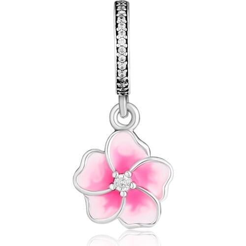 CKK Fits Pandora Charms Bracelets Pink Enamel Poetic Blooms Flower Beads 925 Sterling Silver Charm DIY Jewelry Making kralen