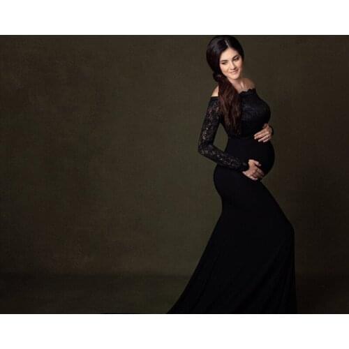 Long Maternity Photography Props Sexy Lace One-line Neck Maxi Gown Dress Pregnancy Dress For Photo Shoot Pregnant Women Clothes