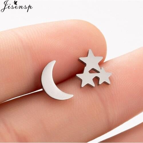Jisensp Asymmetrical Star Moon Earrings Women Stainless Steel Jewelry Korean Fashion Mini Stud Earring Female Earing Wholesale