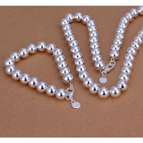 KN-S151 Wholesale Lovely Silver Color Jewelry Sets Silver Fashion Jewelry 10M Smooth Ball Bracelet Necklace/aldajcka Awvajoca