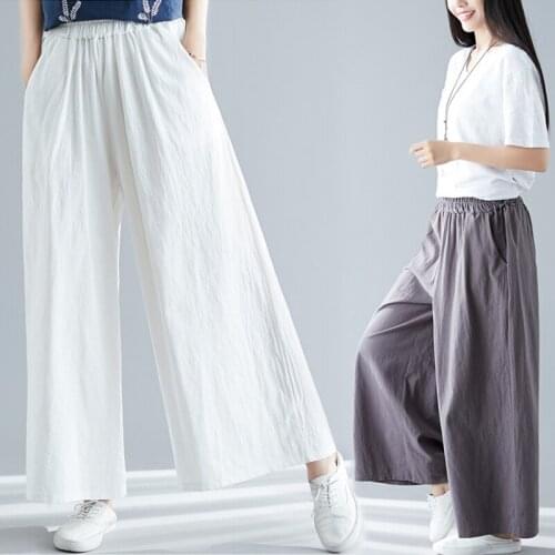 Linen Wide leg Pants Women Elastic waist Skirt Pants Plus size Wide leg Trousers Women Original Oversized Pants