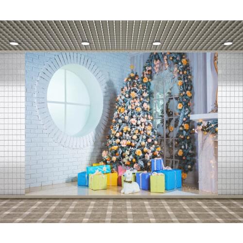 Lyavshi Christmas Tree White Brick Wall Round Window Gift Backdrop photocall fotografia for studio photography backgrounds