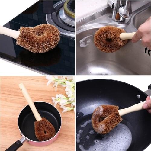 Brush Coconut Fiber Long Hand Pot Washing Brush Non-Stick Oil Bowl Brush for Kitchen Cleanup/Decontamination