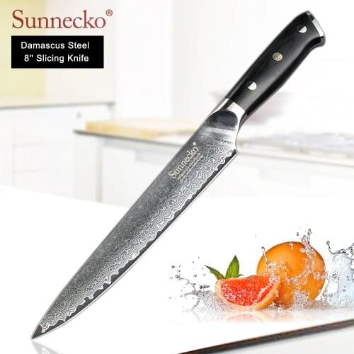 SUNNECKO 8" inch Slicing Knife Damascus Japanese VG10 Steel Blade Sharp Kitchen Knives G10 Handle Meat Slicing Chef Cutter Tools