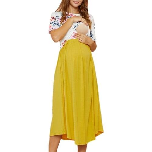 Maternity Round Collar Short-sleeve Nursing Dress Pregnant Maternity Nursing Breastfeeding Clothes Summer Maternity Dress 2021