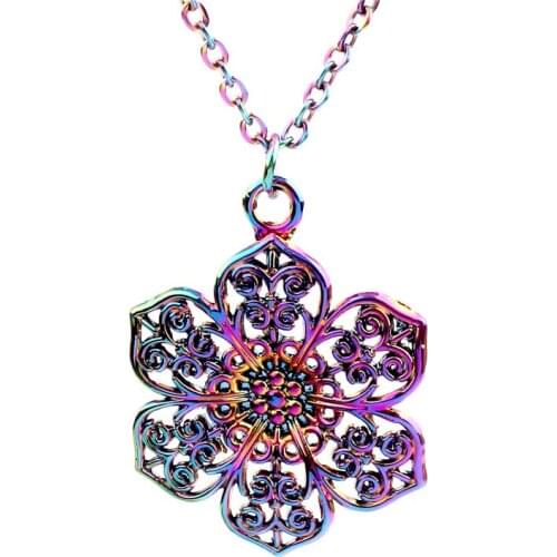 Rainbow Color Alloy Hollow flowers Pendant Necklace Flower pattern Choker Charm 50cm Stainless Steel Chain DIY Handmade Jewelry