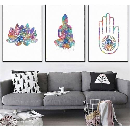 Spiritual Meditation Abstract Poster Hamasa Hand Lotus Colorful Buddha Canvas Print Religion Wall Picture Painting Home Decor