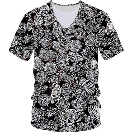 UJWI Black And White Leaves Cool Casual Mens Shirt Fashion Street Sportswear Art Animal T-shirt Printing 3D Pattern V-shirt 5XL