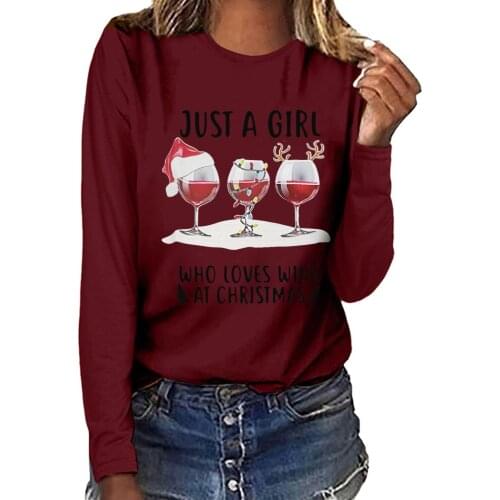 Women Christmas Casual Long Sleeve O-neck Sweatshirt Pullover Blouse Solid Color Christmas Elk Hat Combination Text Print Shirt