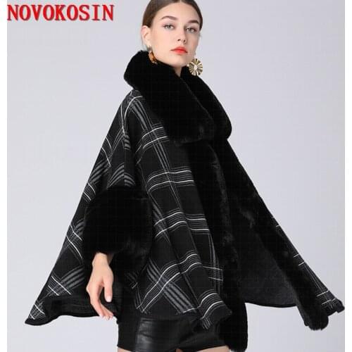 2021 4 Colors Women Big Pendulum Cardigan Faux Rabbit Fur Neck Streetwear Loose Lining Velvet Plaid Cloak Warm Thick Coat